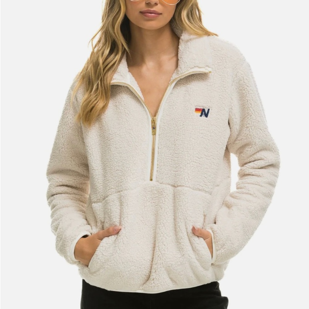 Aviator nation TEDDY UNISEX HOODED HALF ZIP JACKET in vintage white